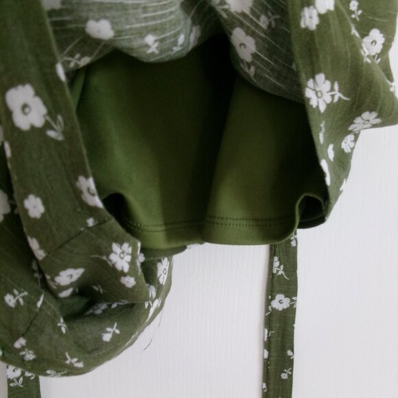 MIAMI Olive Army Green & White Floral Fit and Flare Romper S Surplice Tie Belt - Picture 11 of 12